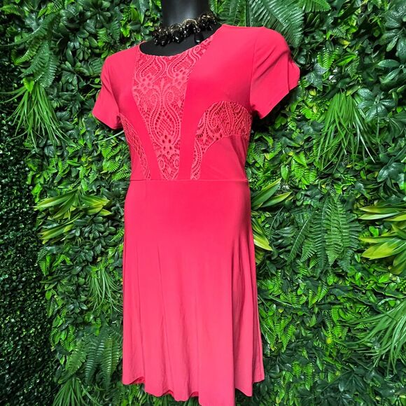 NINA PIU Dress Women Large Coral Pink Lace Fit Flare Skater Stretch 1297 - Picture 5 of 8